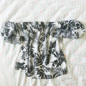 Black and white tropical off the shoulder top